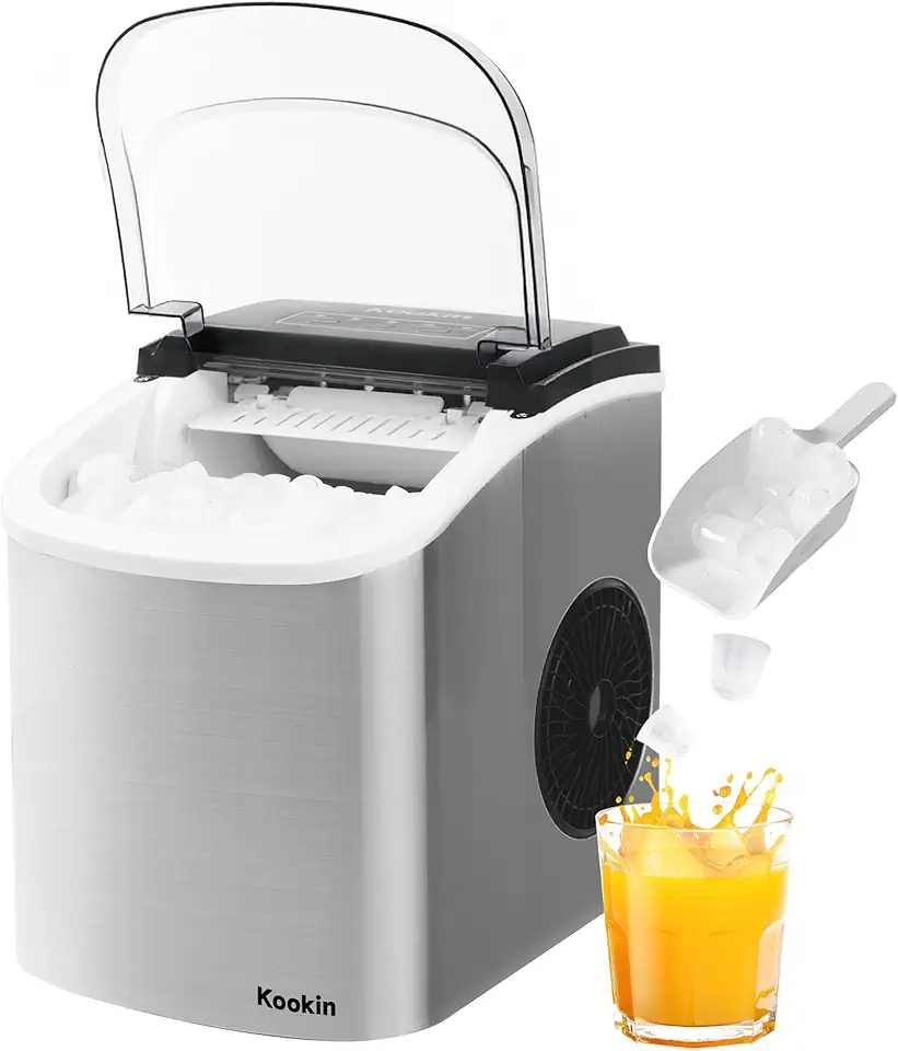 Máquina de Gelo Turbo Ice Premium Inox Portátil Kookin, 12kg por Dia, Gelo Pronto em 6–8 Minutos, Reservatório 1,3L, Limpeza Automática, com Pá e Cesto, para Casa e Bar – 220V