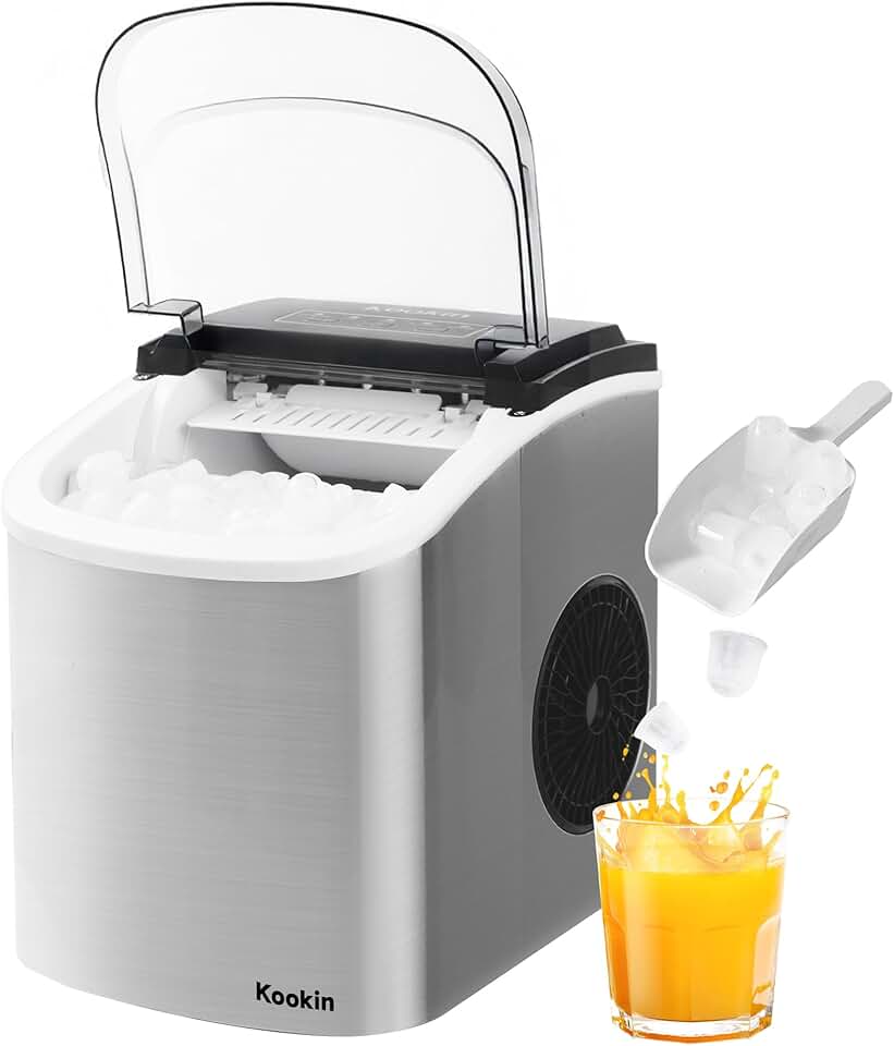 Máquina de Gelo Turbo Ice Premium Inox Portátil Kookin, 12kg por Dia, Gelo Pronto em 6–8 Minutos, Reservatório 1,3L, Limpeza Automática, com Pá e Cesto, para Casa e Bar – 220V