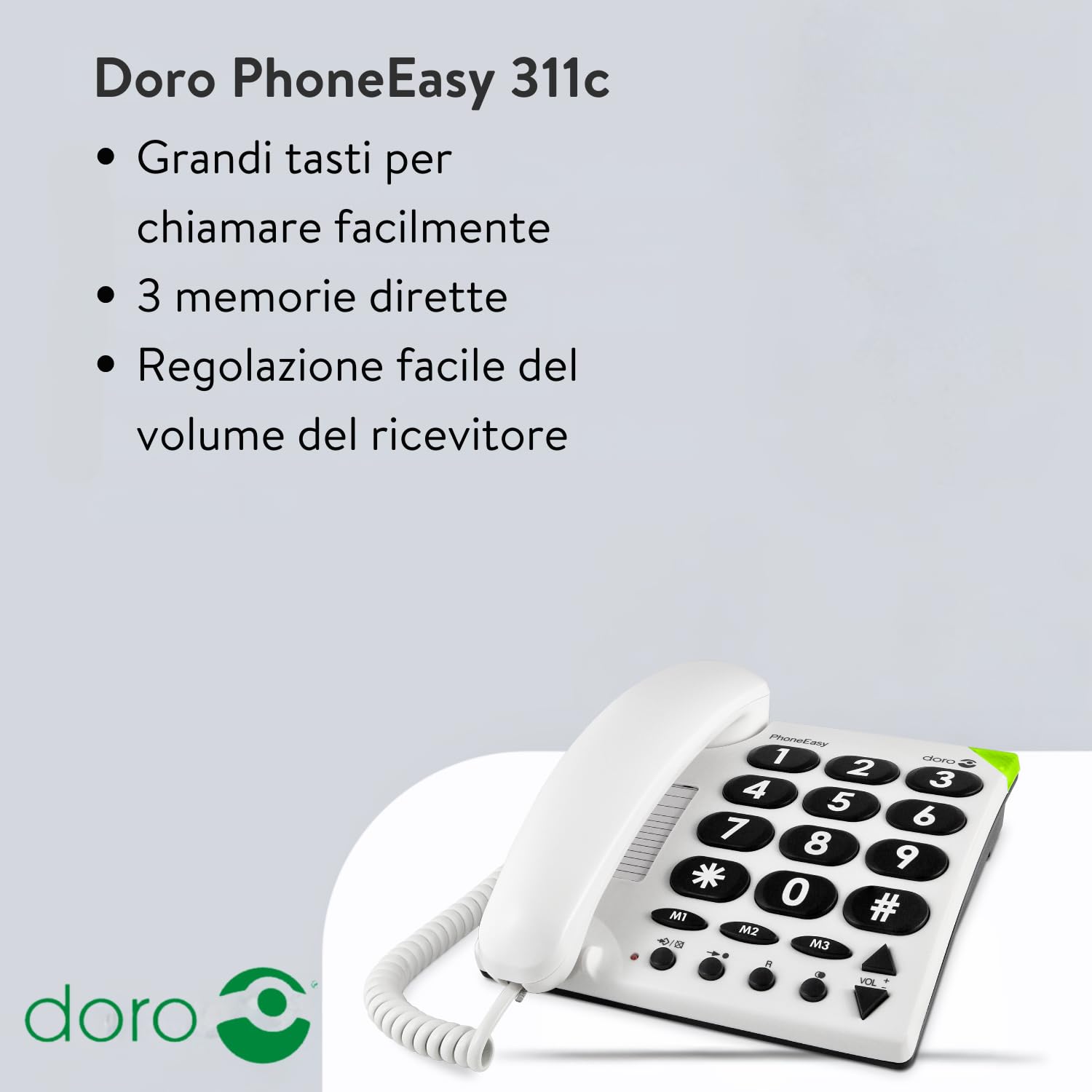 Doro PhoneEasy 311c Telefono Fisso Casa per Anziani - Cornetta - Rubrica - Tasti Grandi - 3 Tasti Chiamata Rapida - Suoneria Forte - Compatibile con Apparecchi Acustici (Bianco) [Versione Italiana]