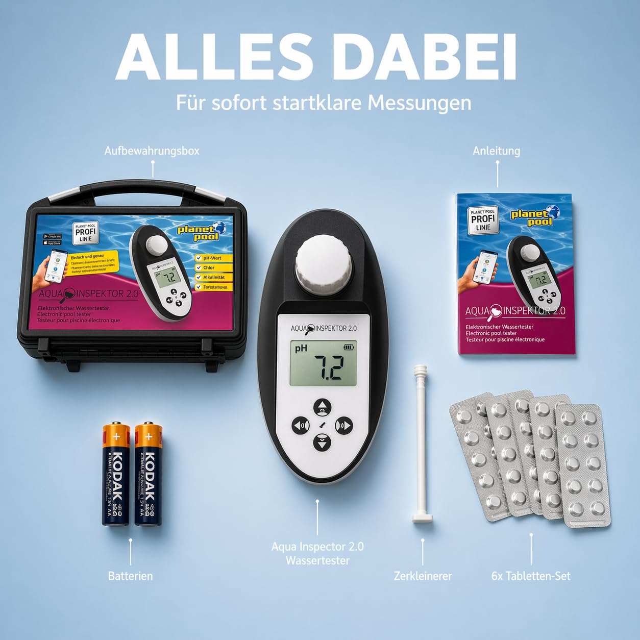 poolomio® Pooltester Digital mit NFC & App - Wassertester 11 Parameter | Messgerät für Pool, Whirlpool & Spa, misst Chlor, pH, Brom, Alkalinität u.v.m., IPX7 wasserdicht, inkl. Reagenztabletten