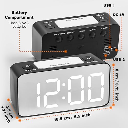 Miniatura 3 de Goodes Reloj despertador digital, pantalla grande de 6.5 pulgadas, reloj electrónico con espejo LED, con repetición, 1224 horas, puertos de carga