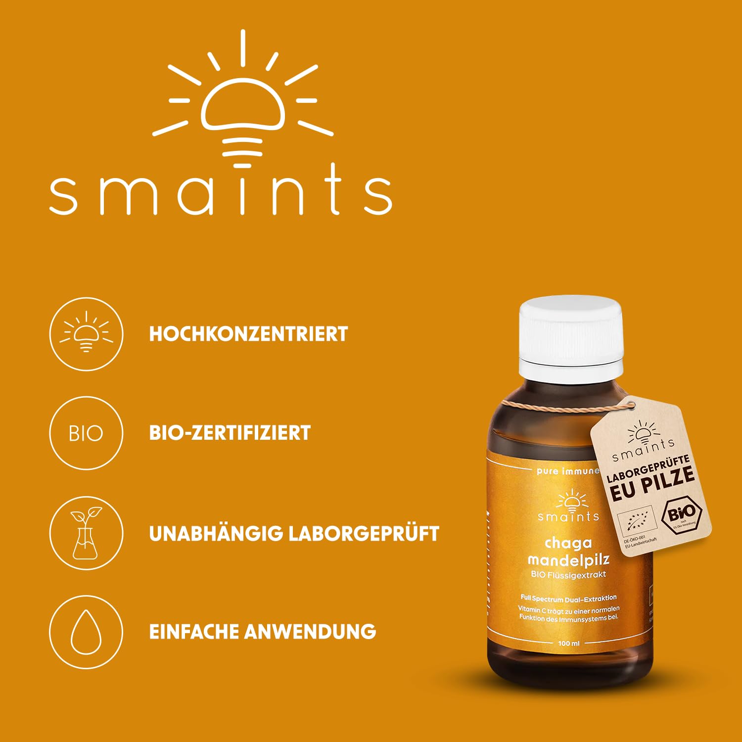 smaints Bio Chaga & Mandelpilz Flüssigextrakt | Bio-Vitalpilz-Dualextrakt mit über 43% Polysacchariden | Hochdosiert für maximale Bioverfügbarkeit | Mit Vitamin C zur Unterstützung des Immunsystems*