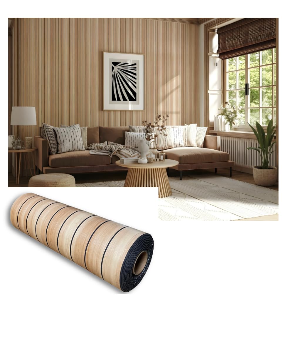 Lamelles décoratives auto-adhésives en rouleau [aspect bois] – 40x300 cm – Revêtement mural en mousse PE + PVC, hydrofuge et résistant aux chocs – Panneaux muraux 3D, épaisseur : 2,8 mm, 1,2 m² (R01)