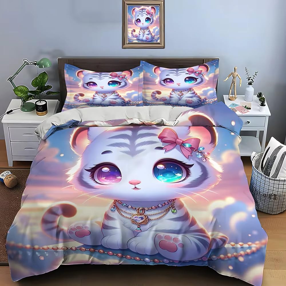 Housse de couette zippée tigre blanc 220x240 cm en tissu microfibre ultra doux pour lit double