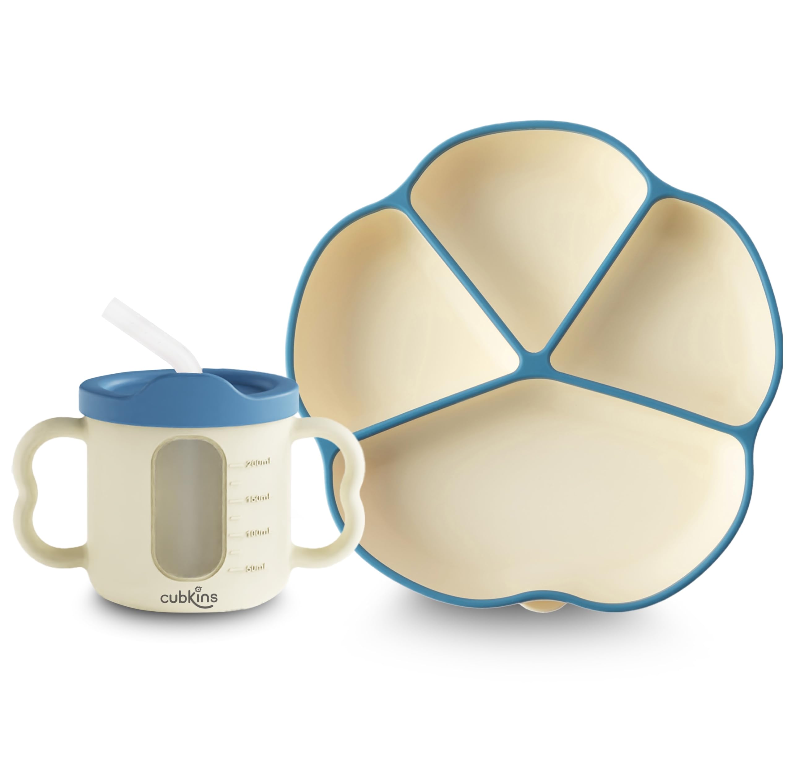 CUBKINS Silicone Suction Feeding Plate with Sippy Cup for Babies, Infants | Feeding Set for Kids, Toddlers | Washable & Reusable, Non-Messy Easy to Clean (Blue Olive)-image-38