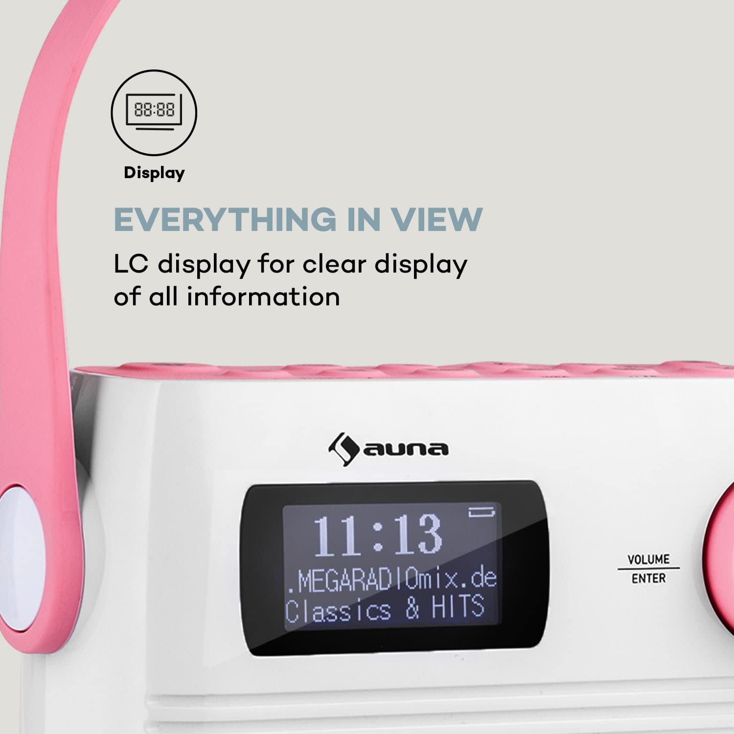 Auna Splash Duschradio, DAB Radio, BT DAB+/UKW IPX4, DAB+ Radio mit USB-Port Kopfhöreranschluss USB-C Akku, Digitalradio, weiß-rosa