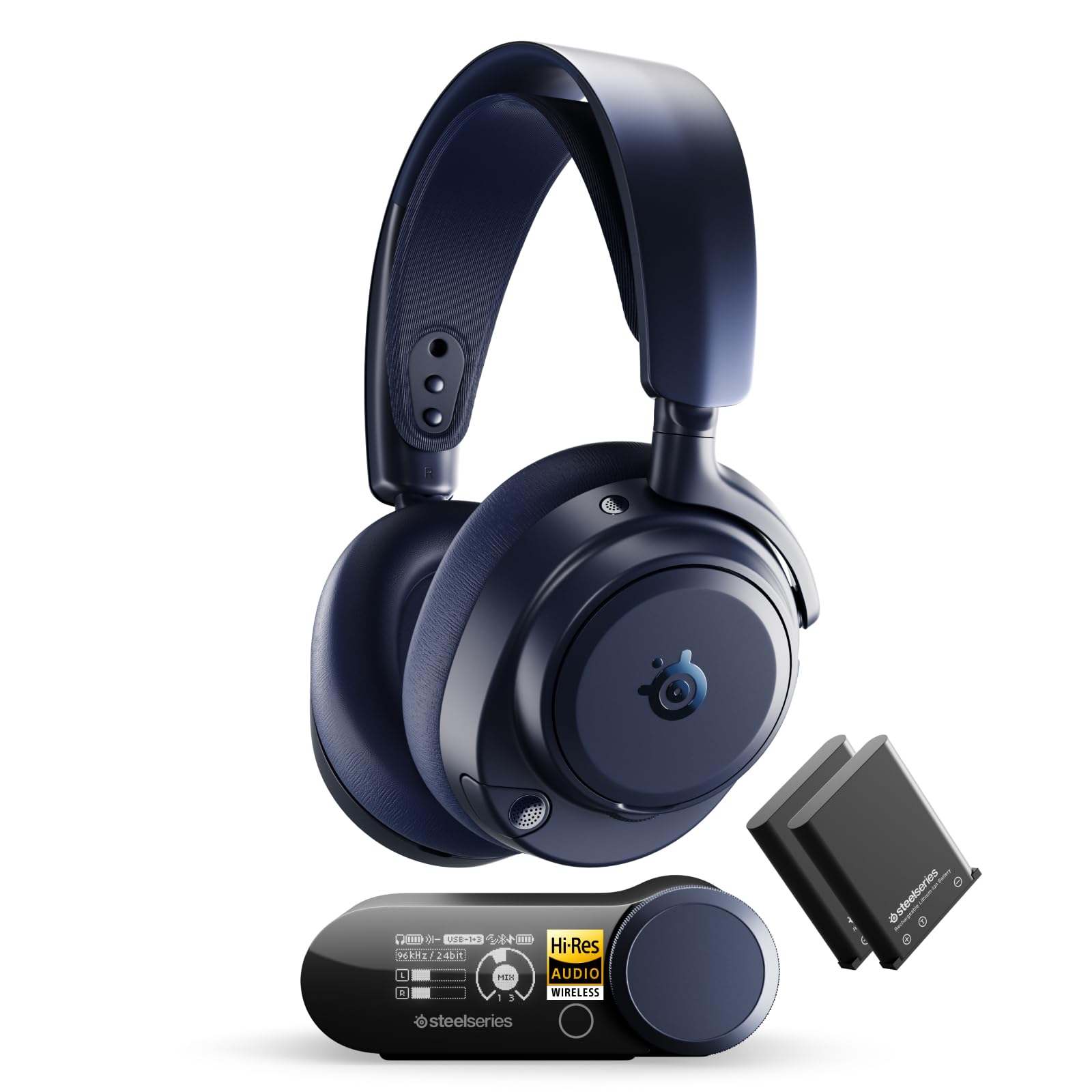 SteelSeries Arctis Nova Pro Omni – Bezprzewodowy dźwięk Hi‑Res, 96kHz/24bit, ANC, mikrofon ClearCast Pro, redukcja szumów AI, aplikacja mobilna, Mix 2,4GHz + BT, OmniPlay PC+PS5+Xbox – Midnight Blue