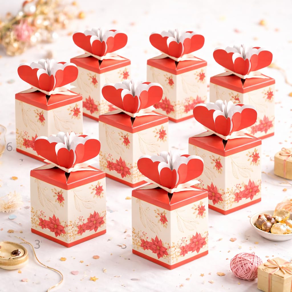 Celebrations Flower Printed Red Return Gift Box for Wedding, Valentine’s Day & Anniversary, Favour Boxes for Chocolates, Sweets & Small Gift, Multipurpose Paper Box With Ribbons - Pack of 10