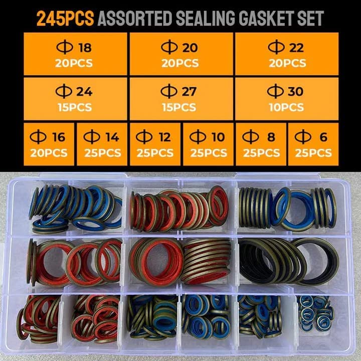 Diagram showing various O-ring sizes and quantities in a 245-piece set