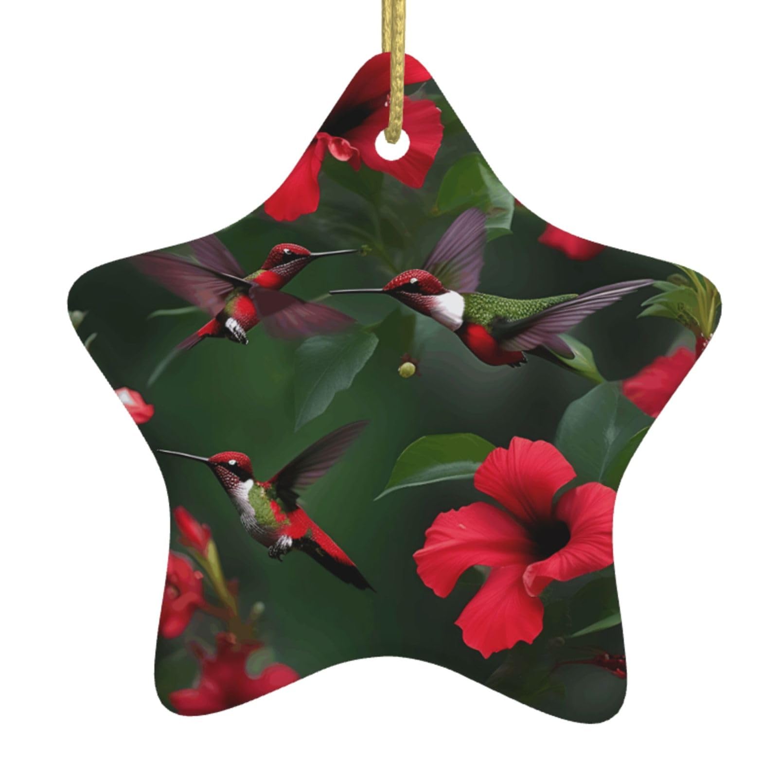 Hummingbirds Red Flower Hibiscus Print Christmas Ornaments, Ceramic Hanging Ornament, Round Shape Decorations
