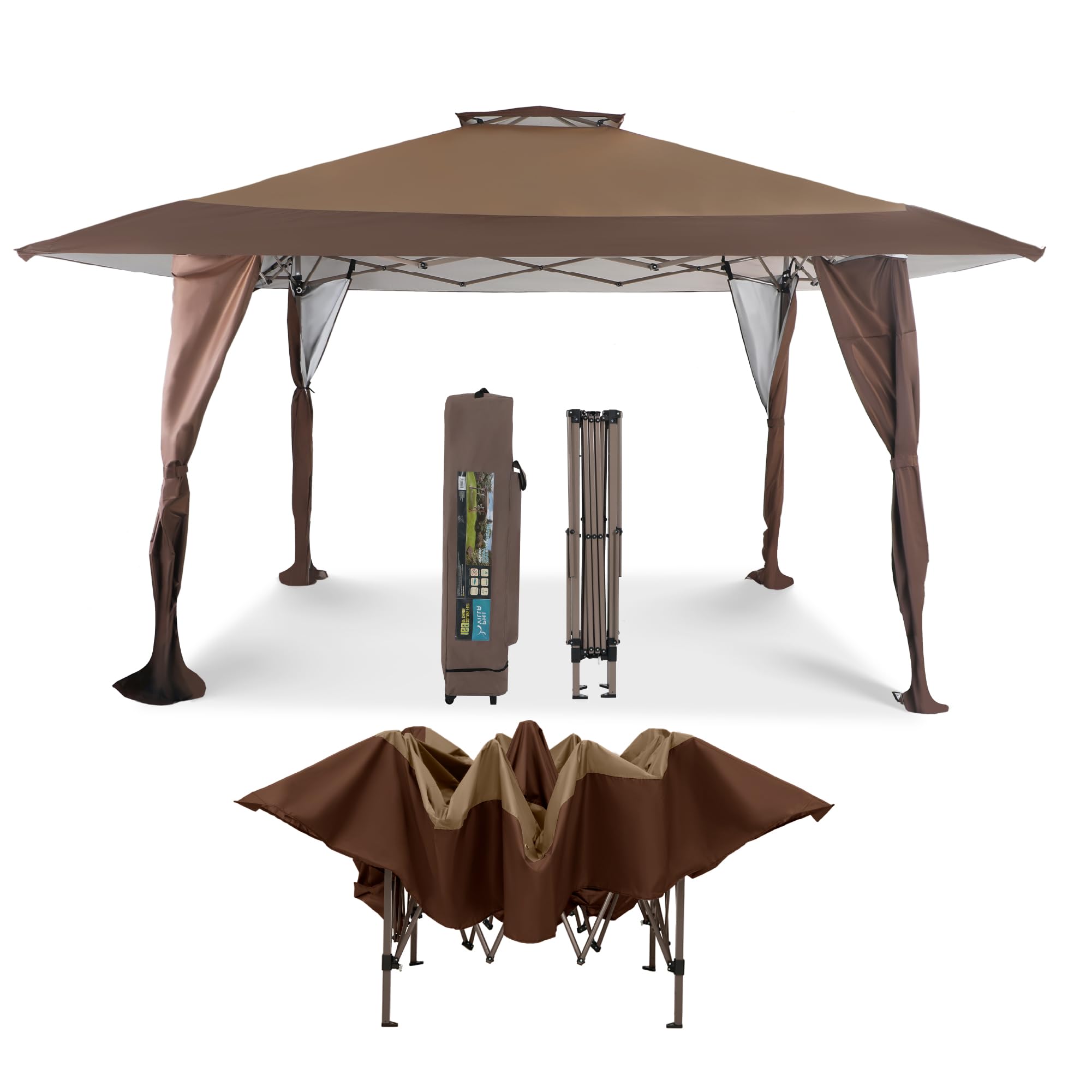 PHI VILLA Pop Up Gazebo 4m x 4m, Garden Canopy Shelter Marquee with Wheeled Carry Bag, UV Protection, Water-Resistant, 150D Oxford Cloth, 169 Square Feet of Shade for Grill, Patio, Deck, Brown