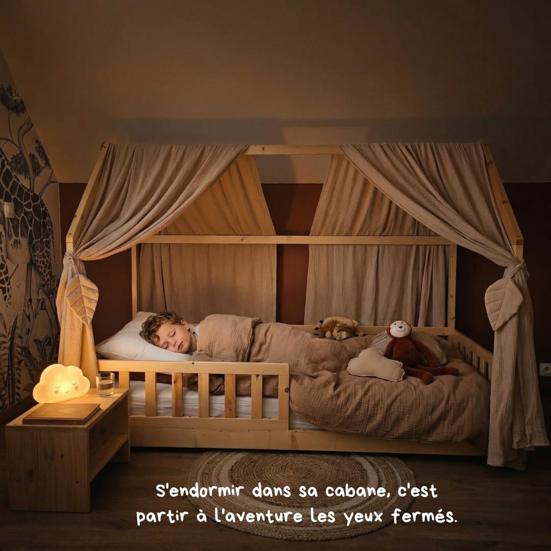 Ciel de lit cabane,100x350 cm, Coton Biologique Beige, décoration pour Chambre bébé ou Enfant. Inclus : 2 Toiles lit cabane; 2 Feuilles de décoration et Les Attaches Pratiques.