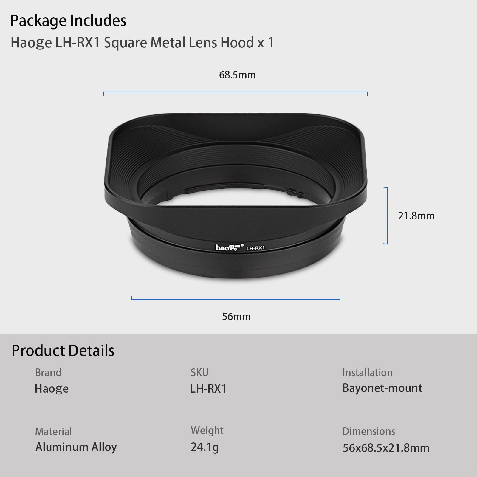 Haoge Paraluce quadrato in metallo per Sony FE 35 mm F2.8 55 mm/F1.8 ZA FE 24 mm F1.8 ZA E Mount baionetta ombra LH-RX1