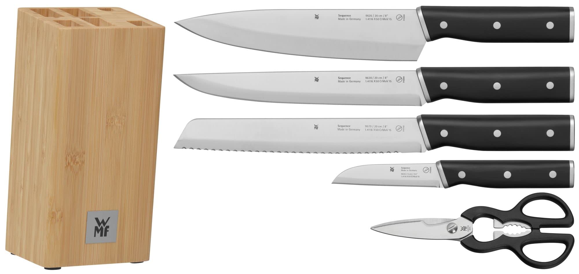 WMF Sequence Messerblock mit Messerset 6teilig, Made in Germany, 4 Messer, Schere, Bambus-Block, Performance Cut, Spezialklingenstahl