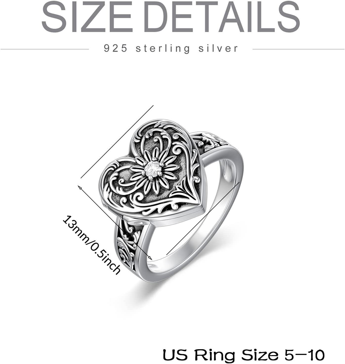 SOULMEET Sterling Silver Heart Sunflower Locket Ring That Holds Pictures Personalized Memorial Photo Locket Band Poison Locket Rings (Sizes 5,6,7,8,9,10) - Image 4