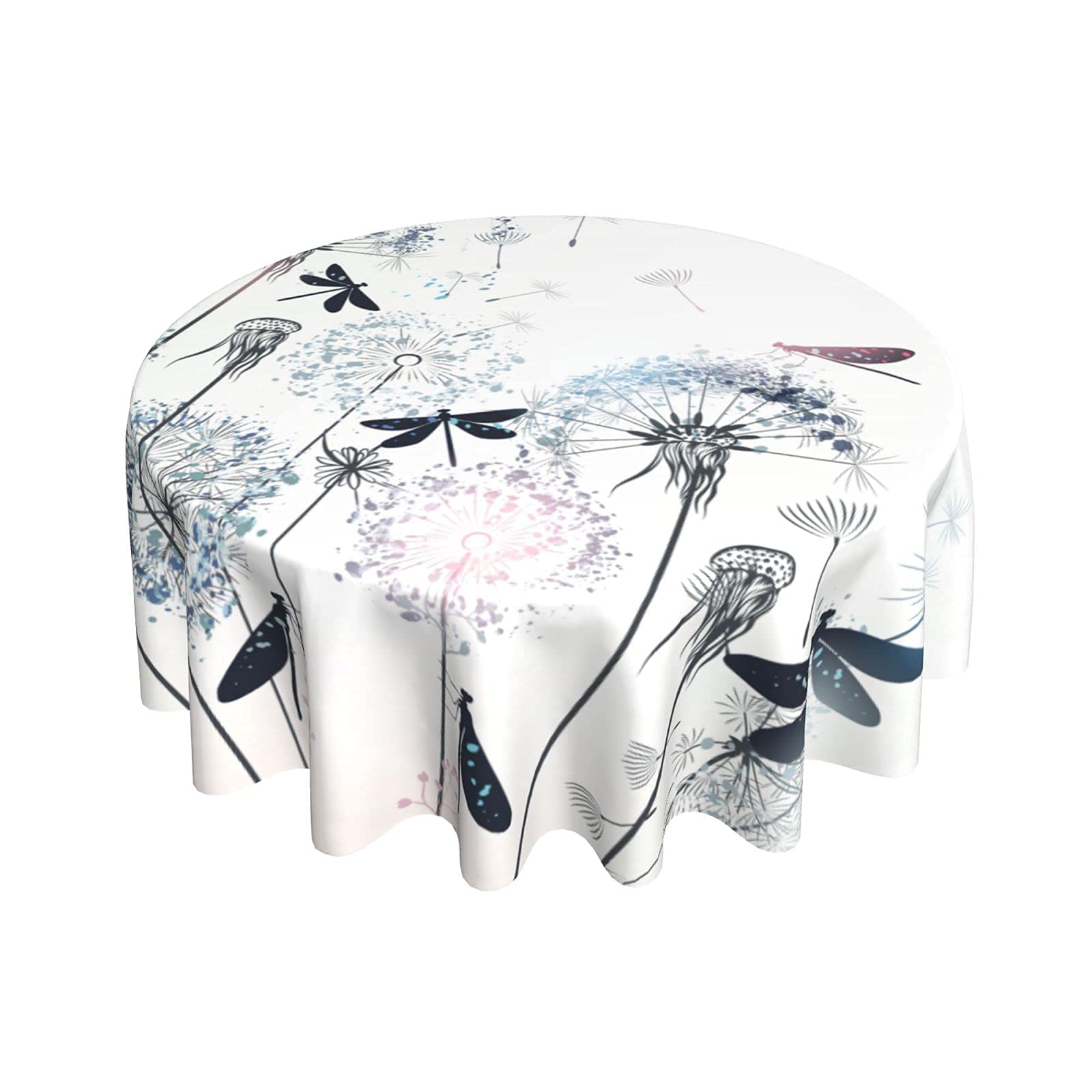 Elegant Dandelion and Dragonfly Round Tablecloth Thicken Desk Cloth Washable Table Cover Table Cloth for Kitchen Daily Dinning Party Macrame Lace Tabletop Decor 60 Inch