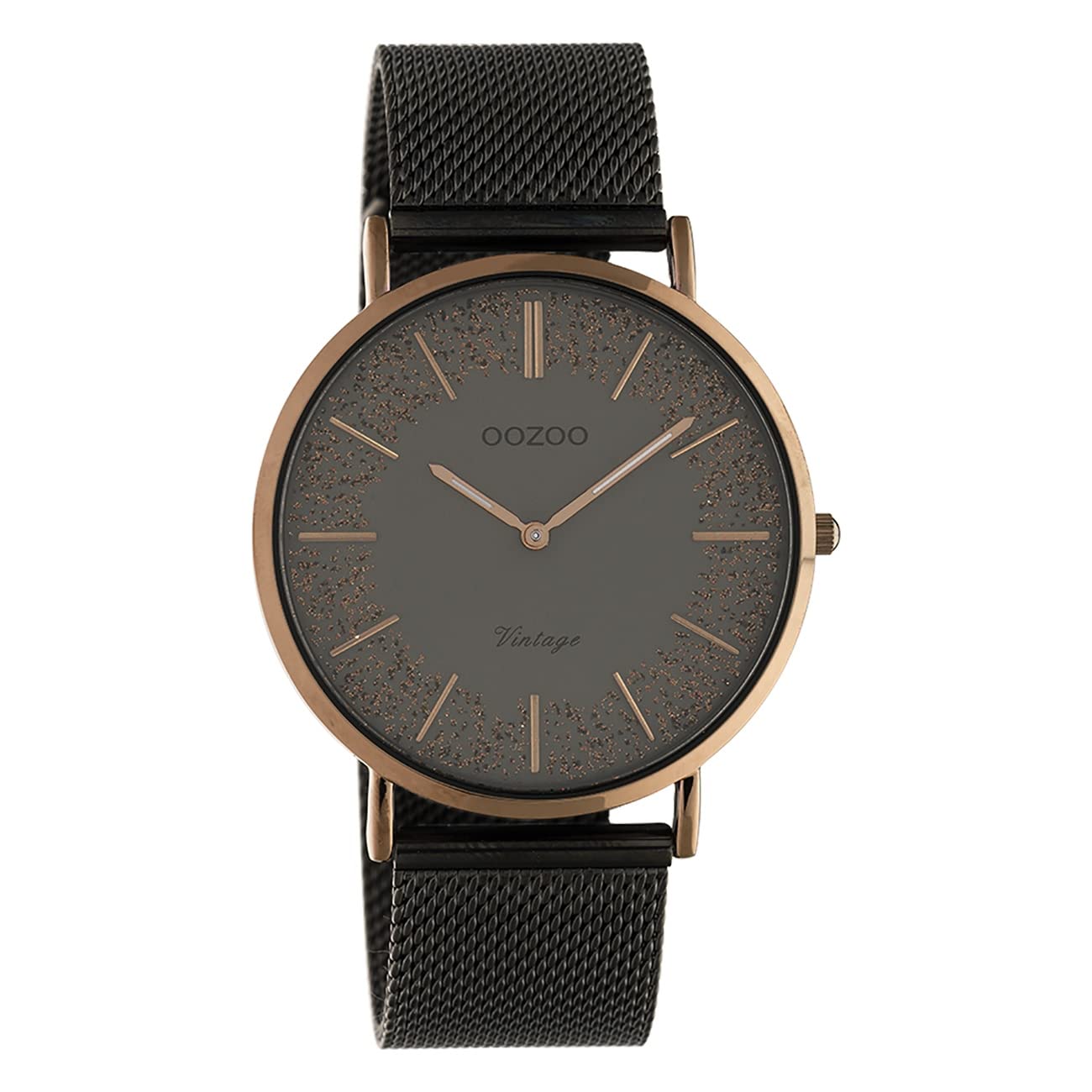 Oozoo Płaski zegarek damski w stylu vintage z metalową bransoletą ze stali nierdzewnej Glitter Line z błyszczącymi elementami w tarczy 40 mm