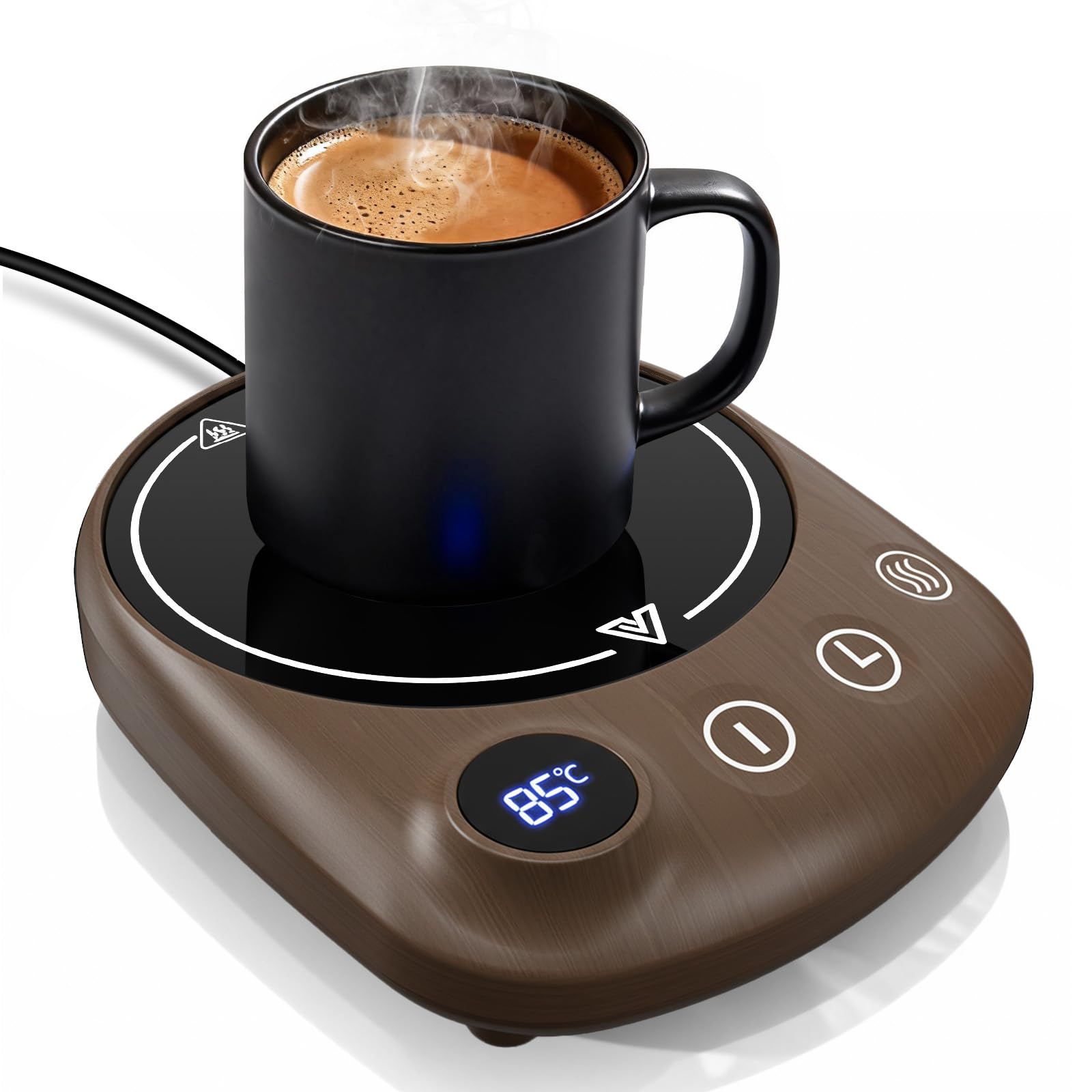 Calentador de Tazas, 4 temperaturas Ajustables de 55°C a 85°C, Apagado automático después de 8 Horas, Calentador de Tazas con función de Temporizador de 1-12H (Color Grano de Madera)