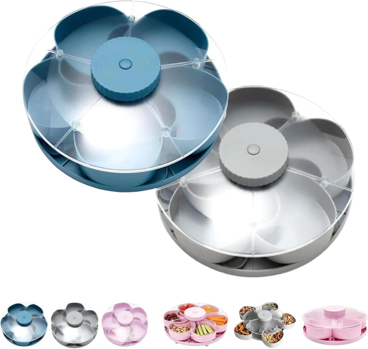 XIUNYIE Divided Rotating Snack Serving Tray with Lid and Lid Compartments, Petal Shaped Multisnack and Dip Plate for Fruit and Vegetable Salads, Food Travel, Party and, #E