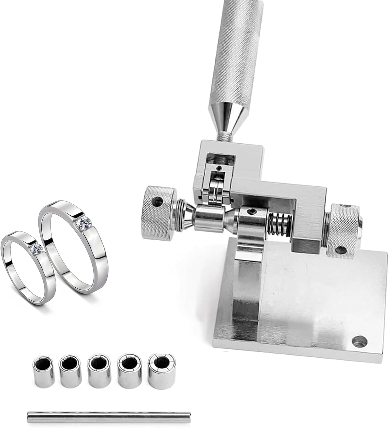 Eiwitany Herramienta reductora de anillos para ajustar el tamaño de las joyas, agrandador de bandas con 6 adaptadores, herramienta de hierro de precisión resistente al desgaste para artesanos.