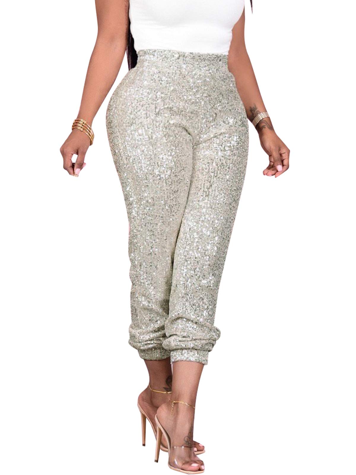 Itnpbwuswomen Casual Sparkle Sequin Glitter Bling Yoga Pants Slim