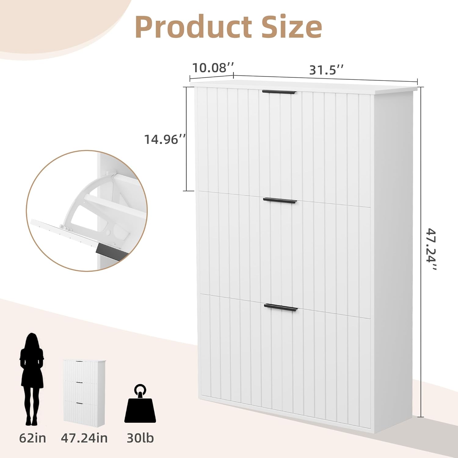Shoe Cabinet with 3 Flip Drawers, Wood Hidden Shoe Storage, Freestanding Shoe Storage Cabinet for Entryway Hallway Porch, 47.2" H*31.5" W*10.08" D White