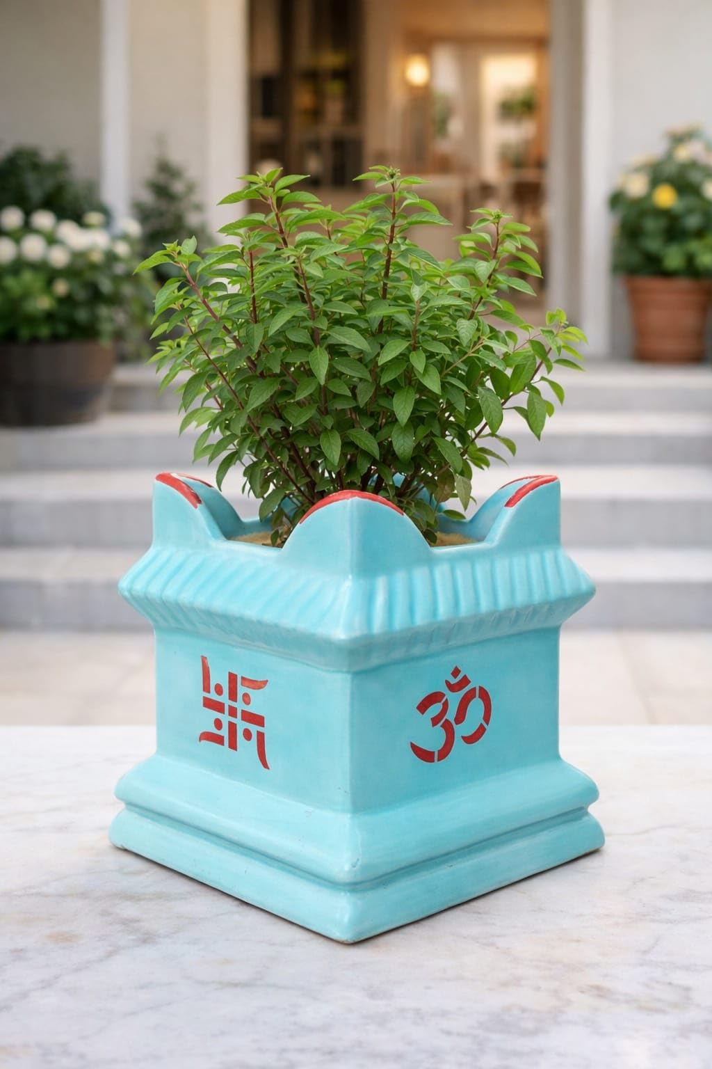 Tulsi Ceramic Planter Pot, Blue, 6 Inch Square with Drainage, Medium Sized for Indoor/Outdoor Thulasi Vrindavan Plant, 17cm H x 10cm W x 17cm L-image-38