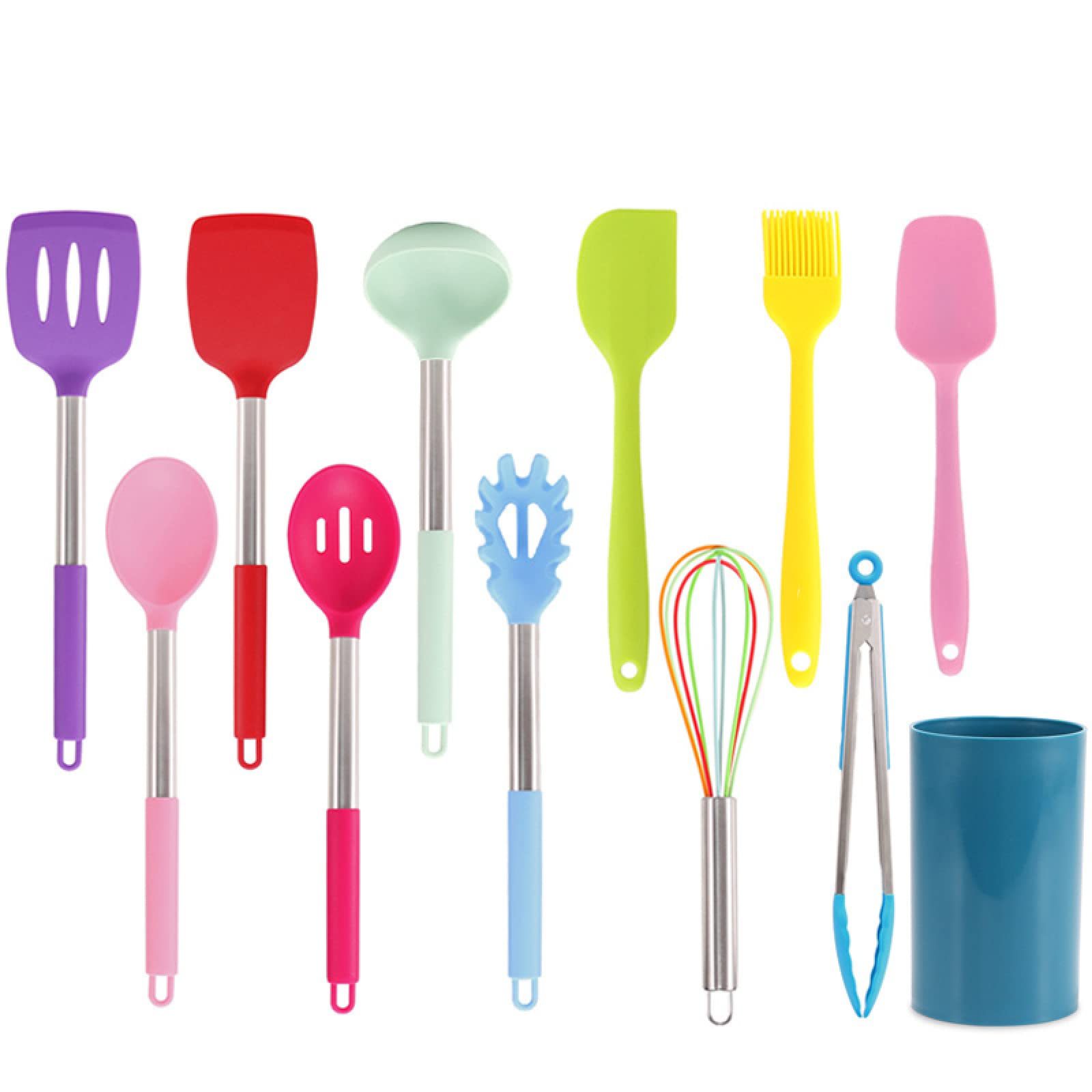 Kochutensilien-Set, schwarz, antihaftbeschichtet, Silikon, Küchenutensilien-Set, Edelstahlgriff, Küchenwerkzeug-Set, 12-teilig, Regenbogen