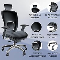 Vista 8 de Sillas de oficina ergonómicas - Silla de escritorio con respaldo alto - Silla ejecutiva de cuero con reposacabezas ajustable - Soporte lumbar