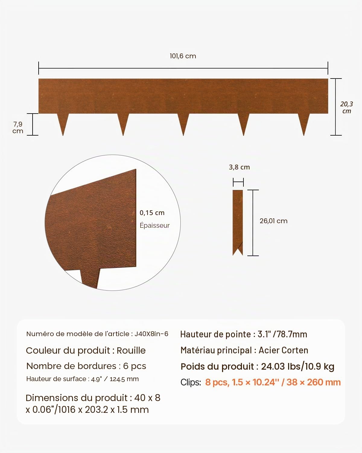 VEVOR Bordure de Jardin en Acier, Lot de 6, Bordures Paysagères en Métal, Résistant aux Intempéries, 1016 x 203,2 mm, Installation Simple, Bandes Pliables pour Séparateur de Chemin de Cour, Pelouse