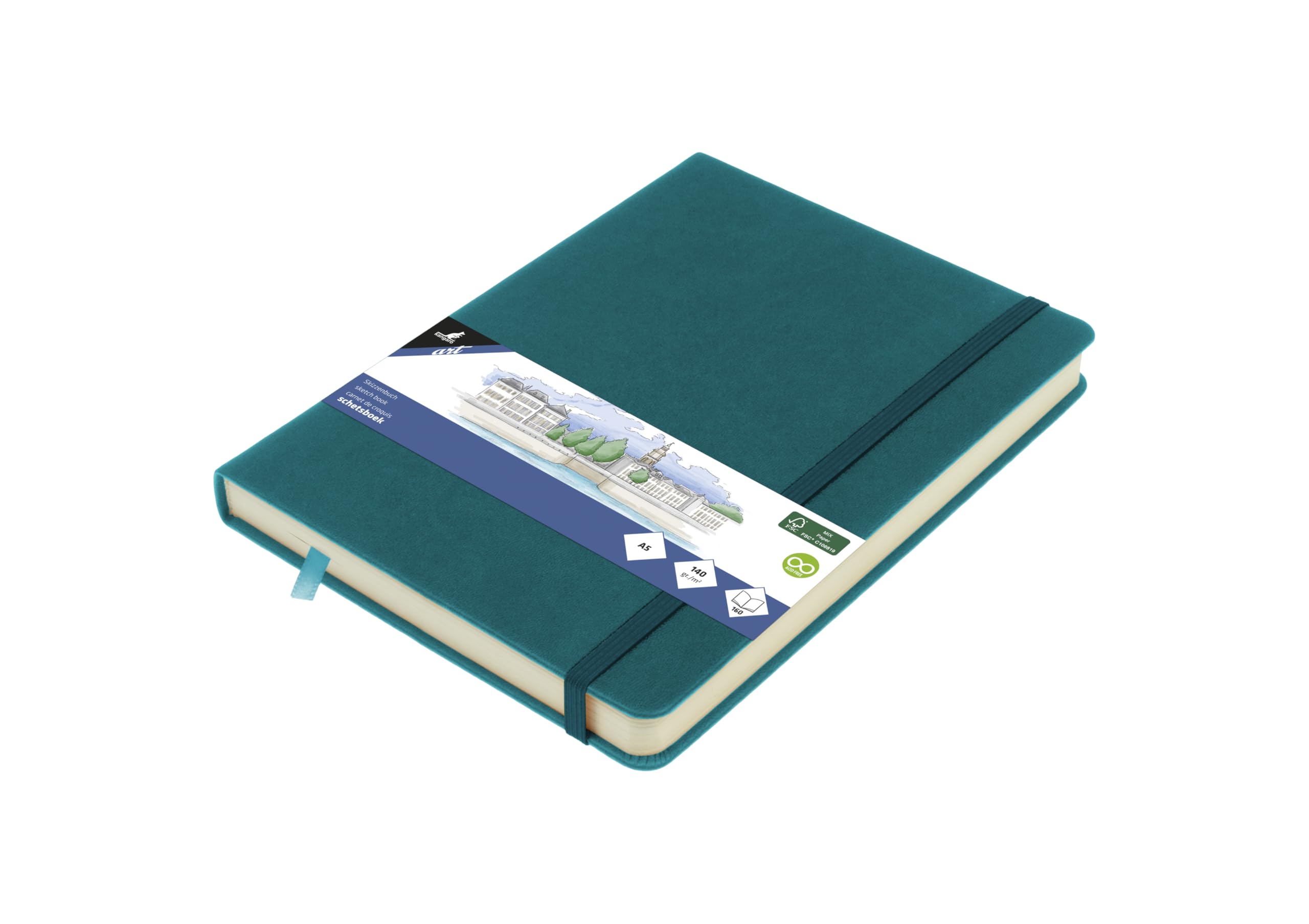 Kangaro A5 Hardcover Sketchbook - PU - Dark Turquoise - 80 Sheets - 140g - Cream Paper - with Elastic Band & Ribbon