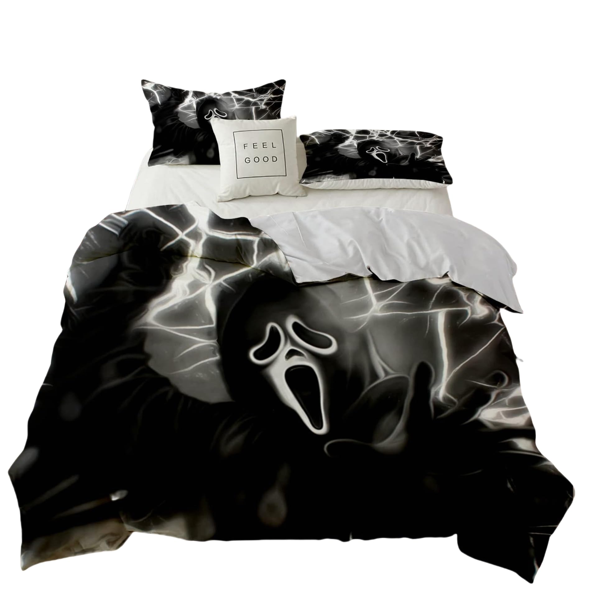 DLAYLQZG Horror Movie Halloween Skeleton Duvet Cover Black Cloak of Death Scythe Spectre Bedding Set 3Pcs Microfiber Screaming Skull Mask Quilt Cover with 2 Pillowcase (Black6,Double 200x200cm)