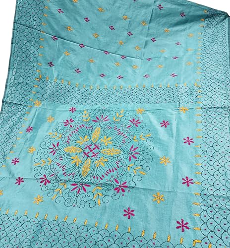 Image of SHRISTI CLOTHINGS Women's Hand Embroidered Cotton Silk Kantha Stitch Saree with Blouse Piece (J420724 LIGHTGREY)