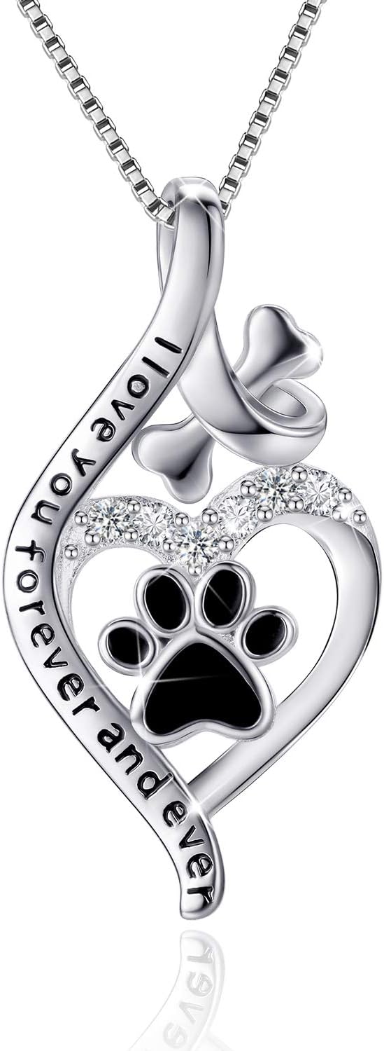 VANLAMS Womens 925 Sterling Silver Bone Love Heart Dog Paw Print Pendant Necklace I Love You Forever and Ever, Gifts for Dog Owner