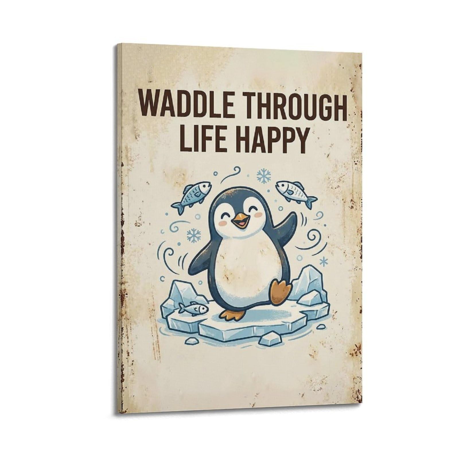 OKAHYS Penguin Coastal Rustic Poster Waddle Happy Vintage Modern Decorative Canvas Prints - Ideal Wall Art for Family, Man Cave, Game Room, Boys & Girls Bedroom 24x36inch