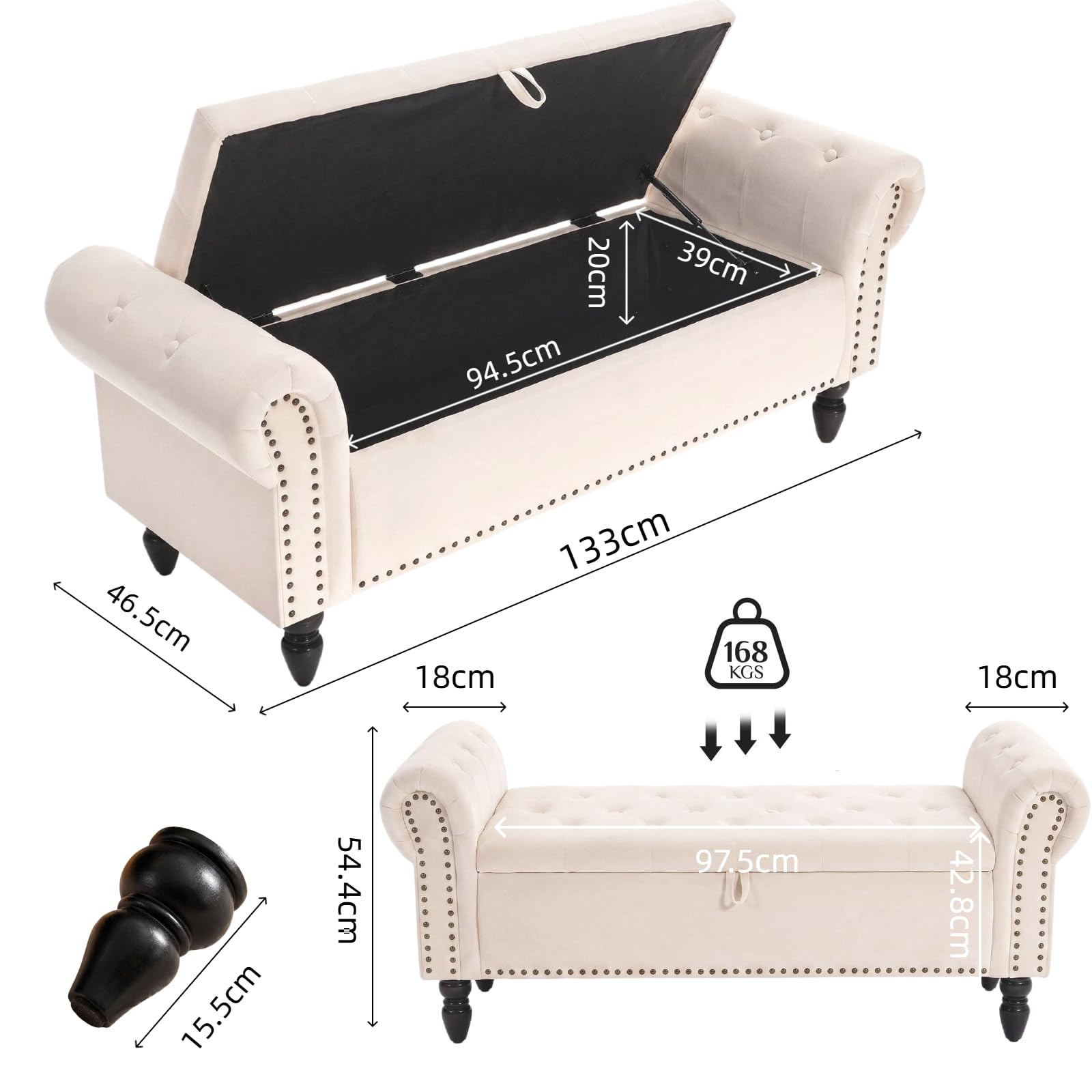 Clevich Banc de Rangement 133cm, Banc Bout de Lit, Vérin à Gaz, Sofa Bench