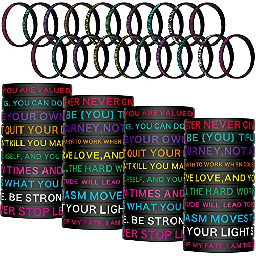 Sumind 100 Pcs Motivational Rubber Bracelet Bulk for Adult Silicone Inspirational Bracelet Quote Colored Stretch Wristband Christmas Bulk Gift Wristband for Student, 20 Style(Dark Colors)