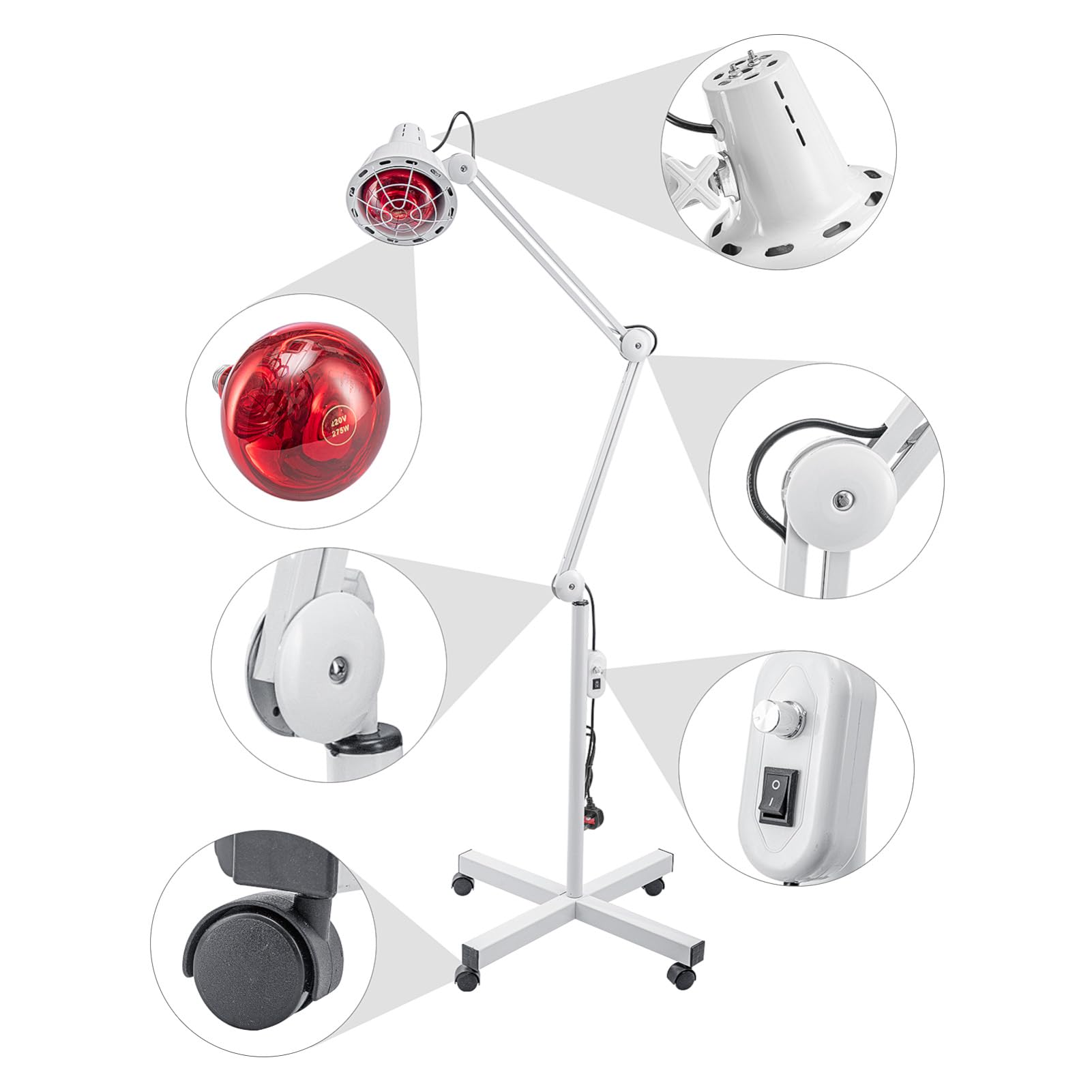 Youyijia 275W Infrarotlampe Wärmelampe mit Ständer und 4 Rädern Rotlicht Therapielampe Mobil Infrarottherapie Lampe Höhenverstellbar Für Schmerzlinderung & Muskelentspannung