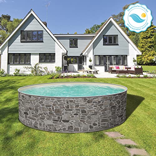 Paradies Pool Print Nature 23 Komplettset 4 rund, 350x120cm (Ø x H), Stahlwandpool graue Steinoptik, Poolfolie in Sand 0… – Bild 5