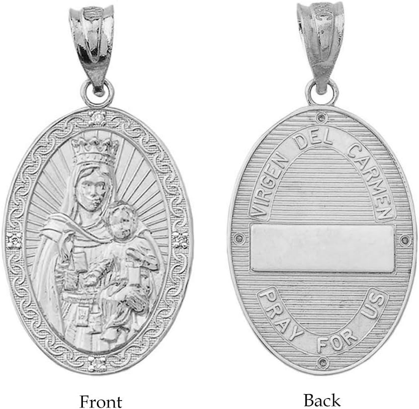 Silver Our Lady of Mt. Carmel CZ-Accented Oval Medal Pendant Necklace (22 inches) - Image 3