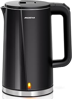 Aigostar Electric Kettle, Quiet Fast Boil Kettles Cordless, Double-Walled Anti-Scald Tea Kettle Black, Stainless Steel Interior, 2200W - Aubrey