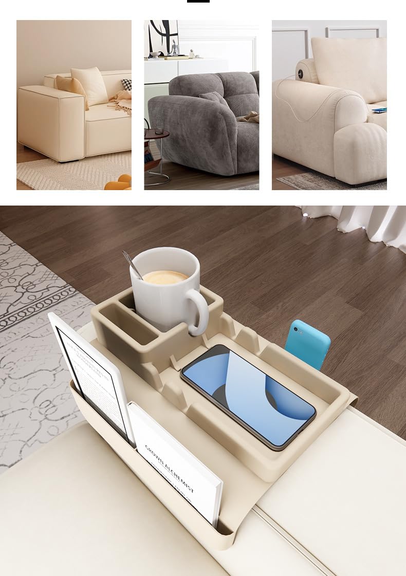 Bandeja de silicona para reposabrazos, soporte para bebidas con bolsillos laterales para sofá, sillón, sillón reclinable, control remoto y organizador de teléfono celular (azul)
