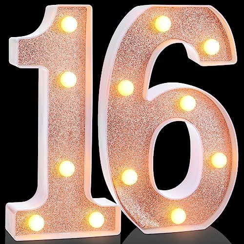 Treela 8.7'' Birthday Decorative LED Light up Numbers, Glitter Marquee Number Sign for Night Birthday Party Decorations Anniversary Bar LED Sign Backdrop Wall Table Centerpieces(16th,Rose Gold)