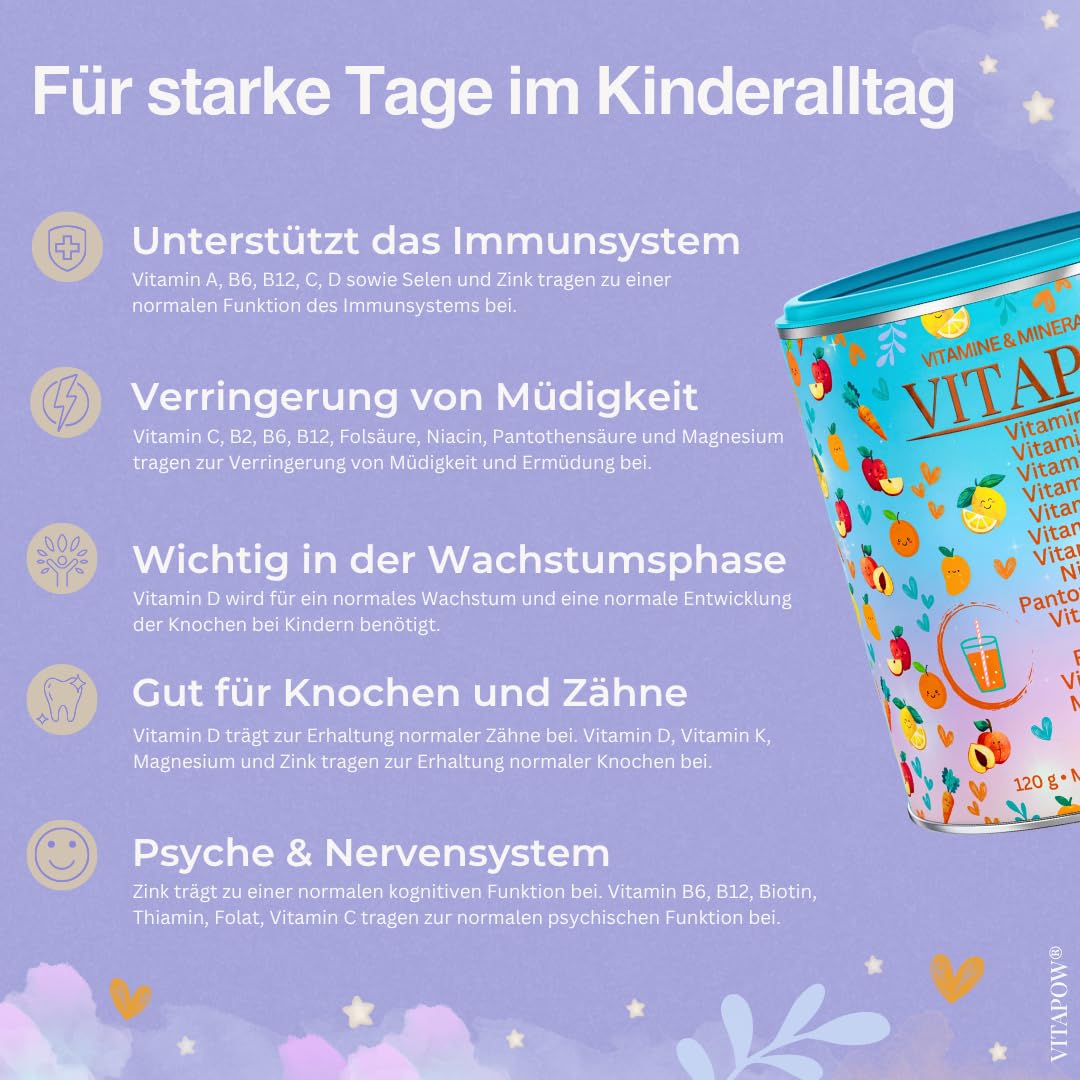 Vitamine für Kinder - Multivitamin Pulver mit Mineralstoffen ab 4 Jahren - Immunsystem Kinder - ohne Zuckerzusatz, vegan, in Deutschland hergestellt - Multifrucht-Geschmack - 30 Portionen
