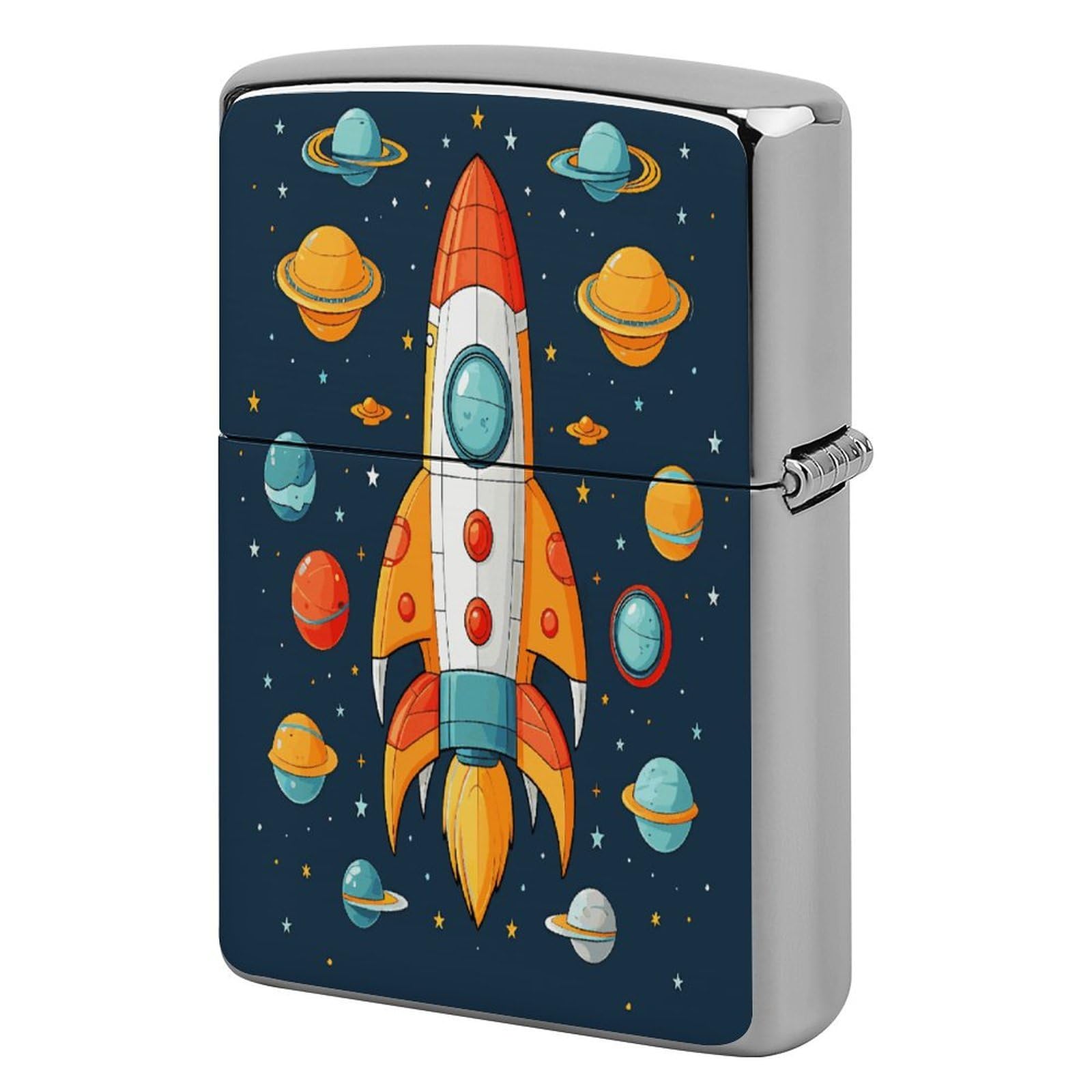 Rocket Clipart Space Ship Metal Lighter Case, Funny Lighter Cover Double-Side Print Vintage Cool Lighters Sleeve Lighters Accessories for Zippo Men Dad Husband Collect