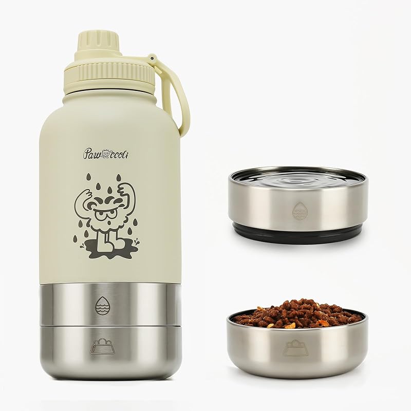 Garrafa de Água para Cães Pawccoli em Aço Inoxidável com 2 Tigelas Removíveis, 1,01 L, Cream