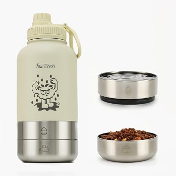 34oz Dog Water Bottle, Stainless Steel Dog Water Bottle Dispenser with Detachable Food & Water Bowls, Keeps Water Hot/Cold, for Walking, Hiking, CampingCream