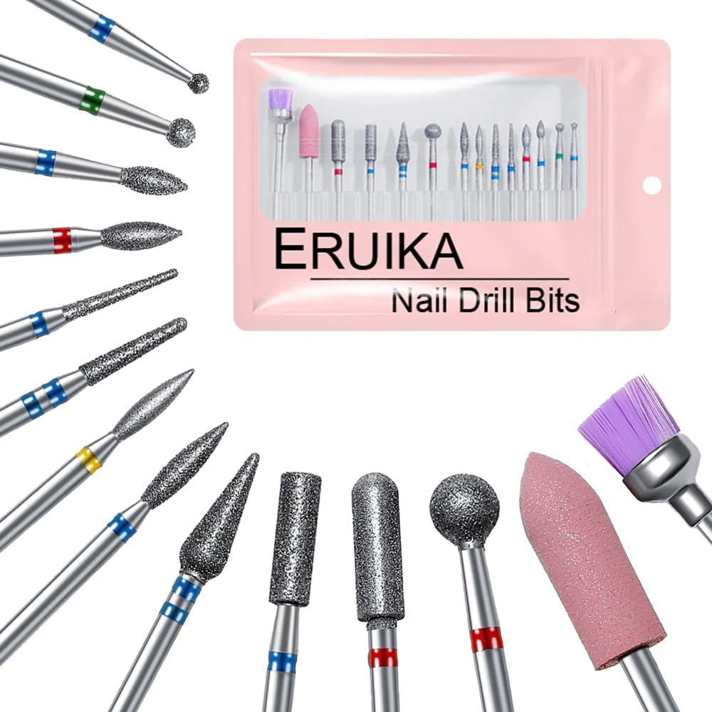 14pcs Nail Drill Bits Set, Professional Rotary Burrs Diamond Cuticle Remover Bits Kit, 3/32" Electric Manicure Nail File Bit for Acrylic Gel Nails Cuticle Manicure