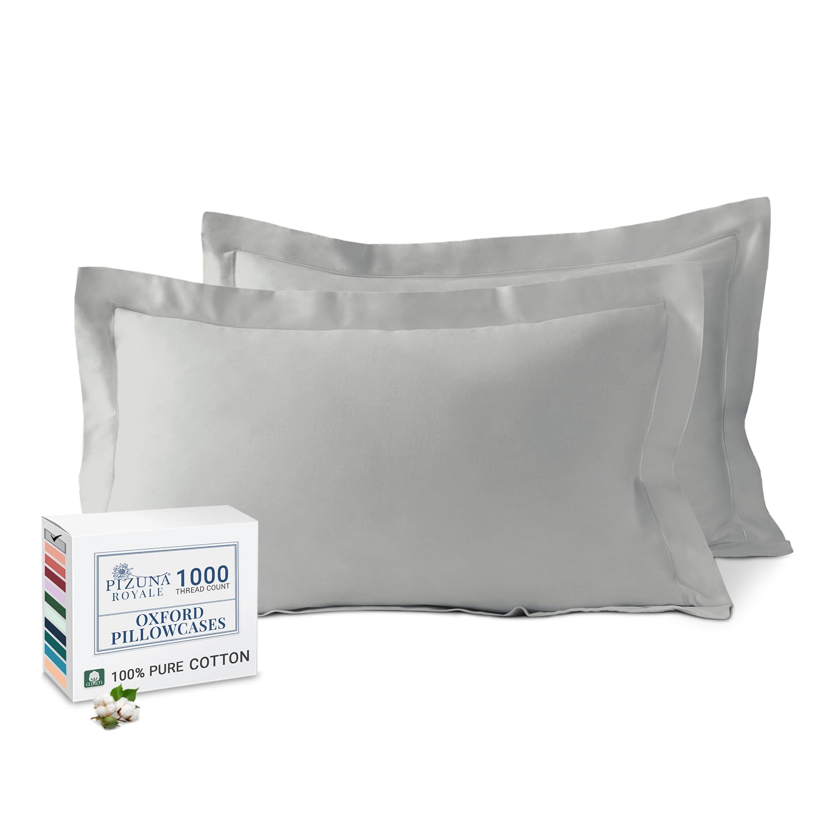 Pizuna Luxurious Cotton King Size Oxford Pillowcases 2 Pack Silver 50x90cm, 1000 Thread Count Long Staple Combed Cotton Thick Pillow Cover, Soft Sateen King Pillow Cases (Cooling Pillowcase)