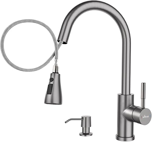 APPASO Grifo de cocina con dispensador de jabón, grifos de fregadero de cocina de acero inoxidable negro con rociador extraíble, 3 modos, grifos de